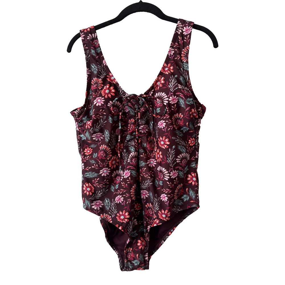 Hot Water Women’s 1X Boho Floral Lace Up One Piece Built In Bra Swimsuit Beach